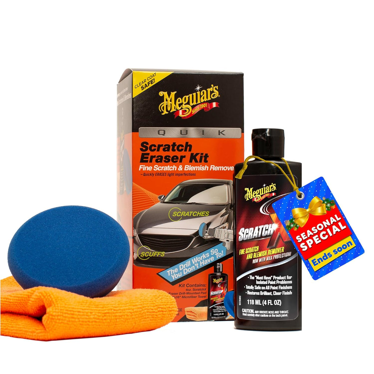Meguiar’s Quik Scratch Eraser Kit, Car Scratch Remover for Fixing Surface Blemishes, Includes ScratchX, Drill-Mounted Pad, and Microfiber Towel