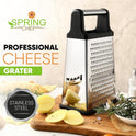 Spring Chef Professional Cheese Grater - Stainless Steel, XL Size, 4 Sides - Perfect Box Grater for Parmesan Cheese, Vegetables, Ginger - Dishwasher