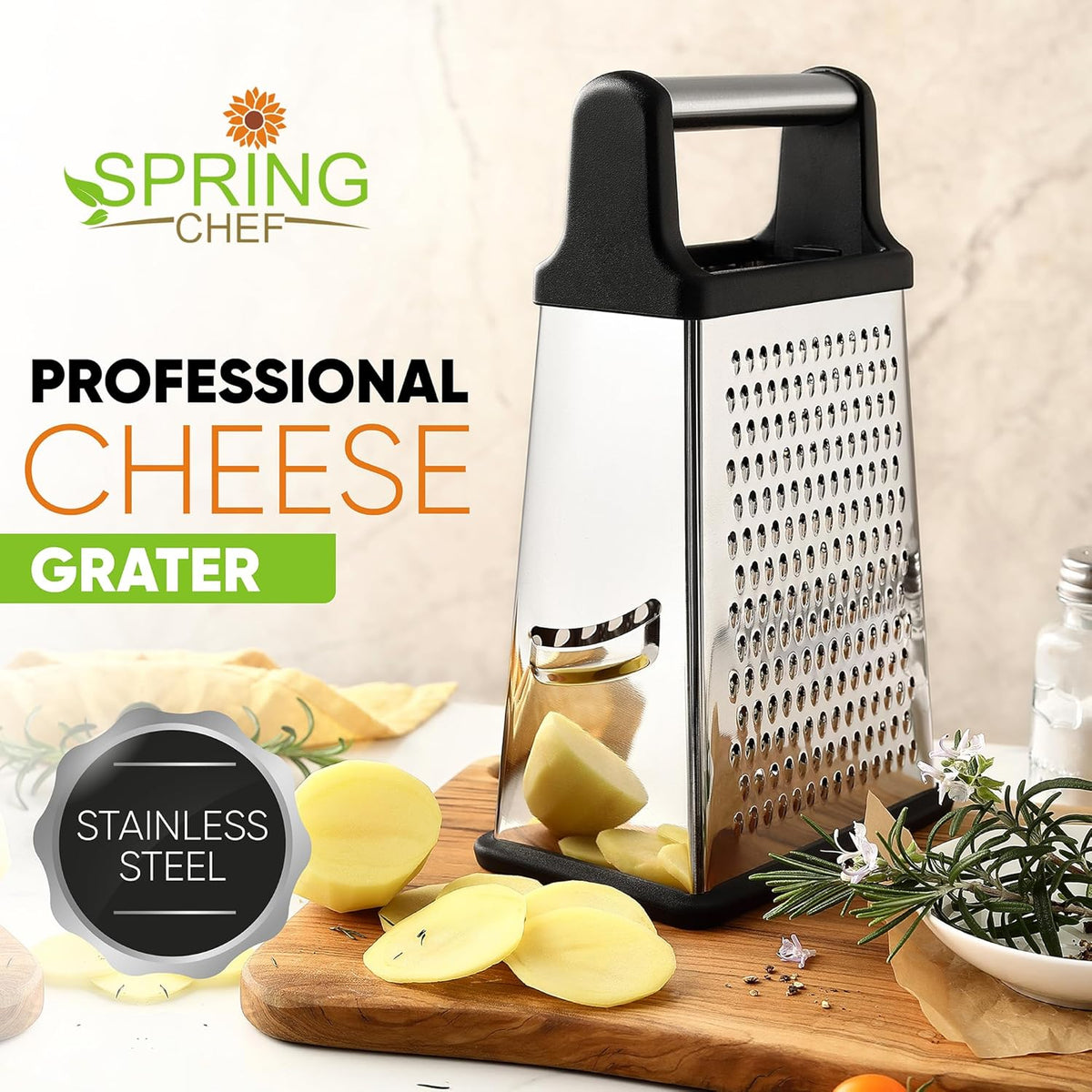 Spring Chef Professional Cheese Grater - Stainless Steel, XL Size, 4 Sides - Perfect Box Grater for Parmesan Cheese, Vegetables, Ginger - Dishwasher