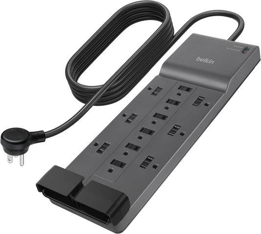 Belkin 12-Outlet Surge Protector Power Strip w/ 12 AC Outlets & 8ft Flat Plug, UL-listed Heavy-Duty Extension Cord for Home, Office, Travel