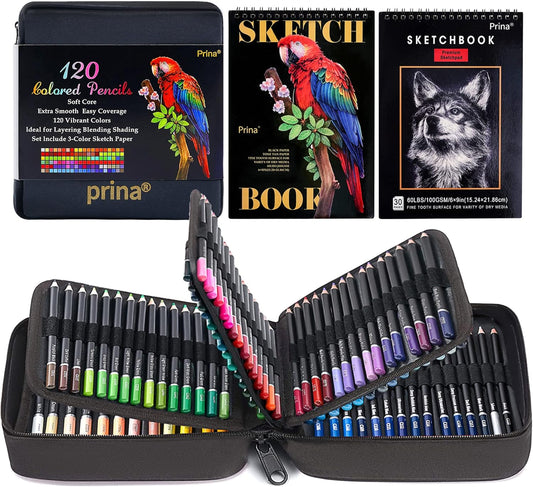 PRINA Art Supplies 120 Colors Colored Pencils Set for Adults Coloring Books with Sketchbook, Professional Vibrant Artists Coloring Pencils for