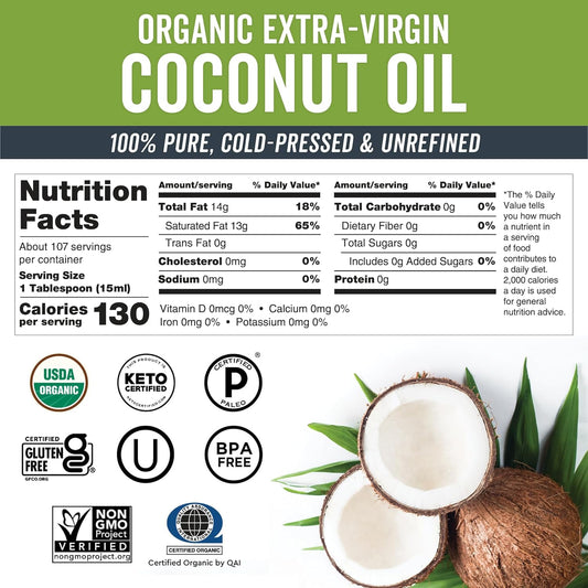 Viva Naturals Organic Coconut Oil, 54 fl oz – Unrefined, Cold-Pressed Extra Virgin Coconut Oil, USDA Organic & Non-GMO, Natural Cooking Oil, Hair Oil