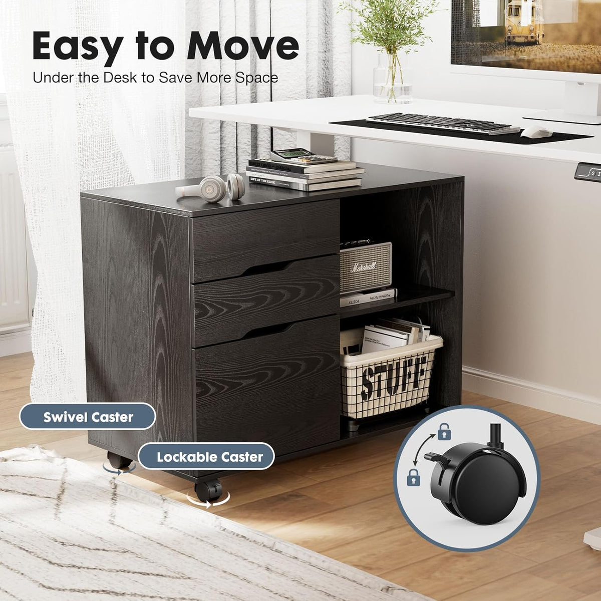 DUMOS Lateral File Cabinet with 3 Drawers Rolling Filing Cabinets Under Desk Storage Printer Stand Wood Organizer with Wheels Adjustable Shelf