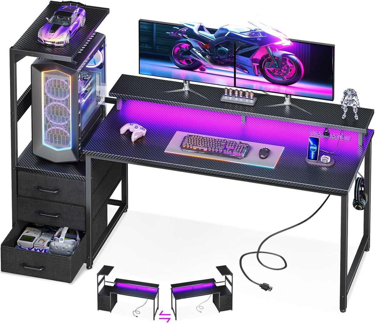AODK 59 Inch Gaming Desk with USB Charging Ports & LED Light- Reversible Computer Desk with Storage Shelves & Monitor Stand, Modern Gamer Desk Table