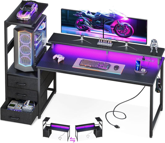 AODK 59 Inch Gaming Desk with USB Charging Ports & LED Light- Reversible Computer Desk with Storage Shelves & Monitor Stand, Modern Gamer Desk Table