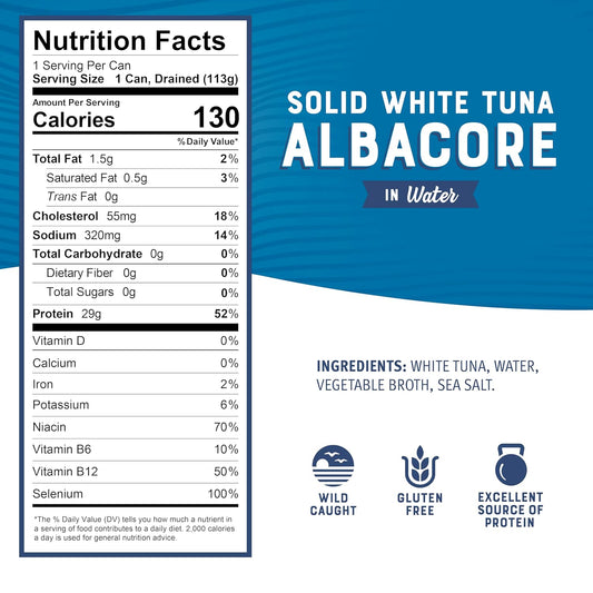 Bumble Bee Solid White Albacore Tuna in Water, 5 oz Can (Pack of 8) - Wild Caught Tuna - 29g Protein per Serving, High in Omega-3s - Non-GMO Project