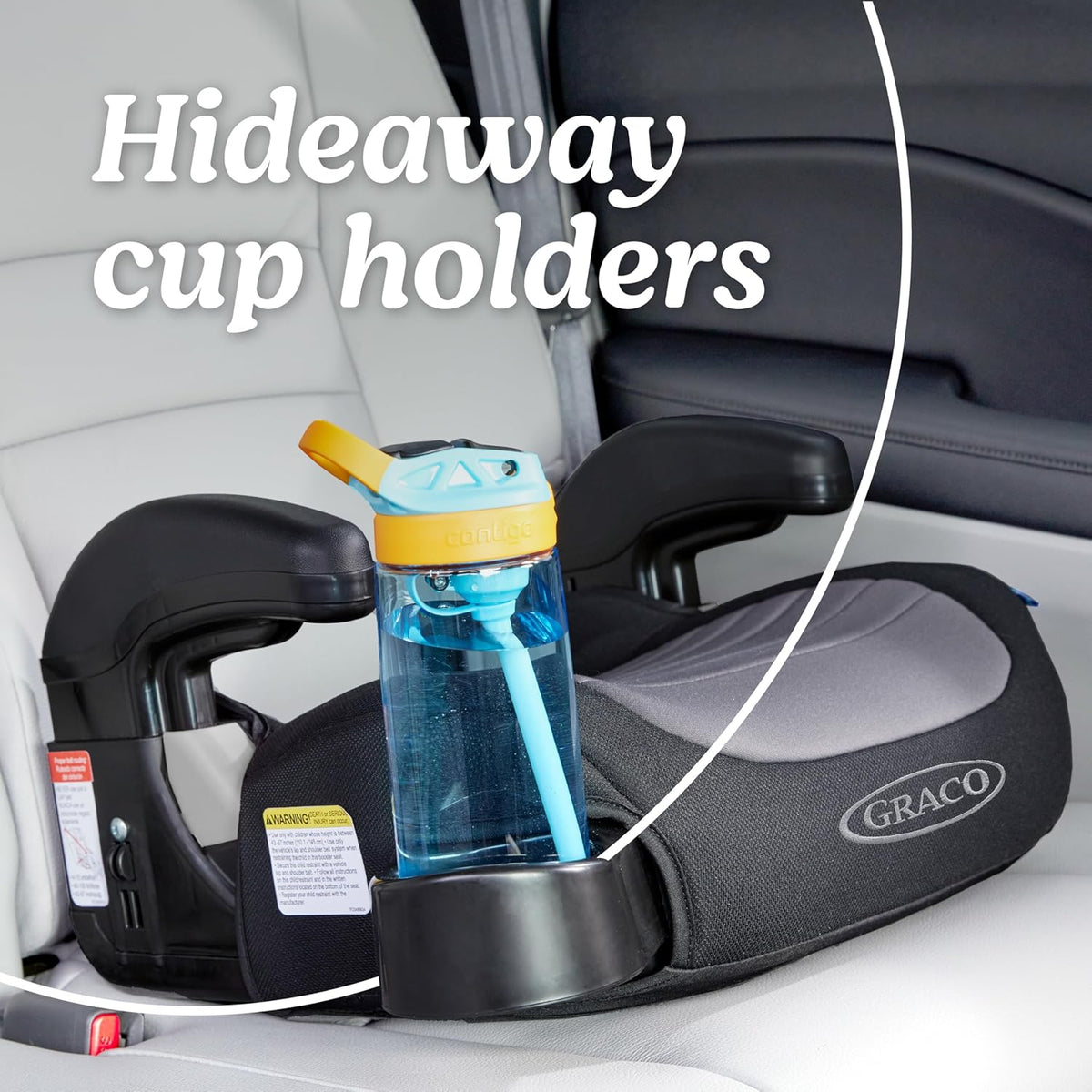 Hideaway cup holder attached to a car seat with a blue water bottle inside, brand 'Graco' visible.