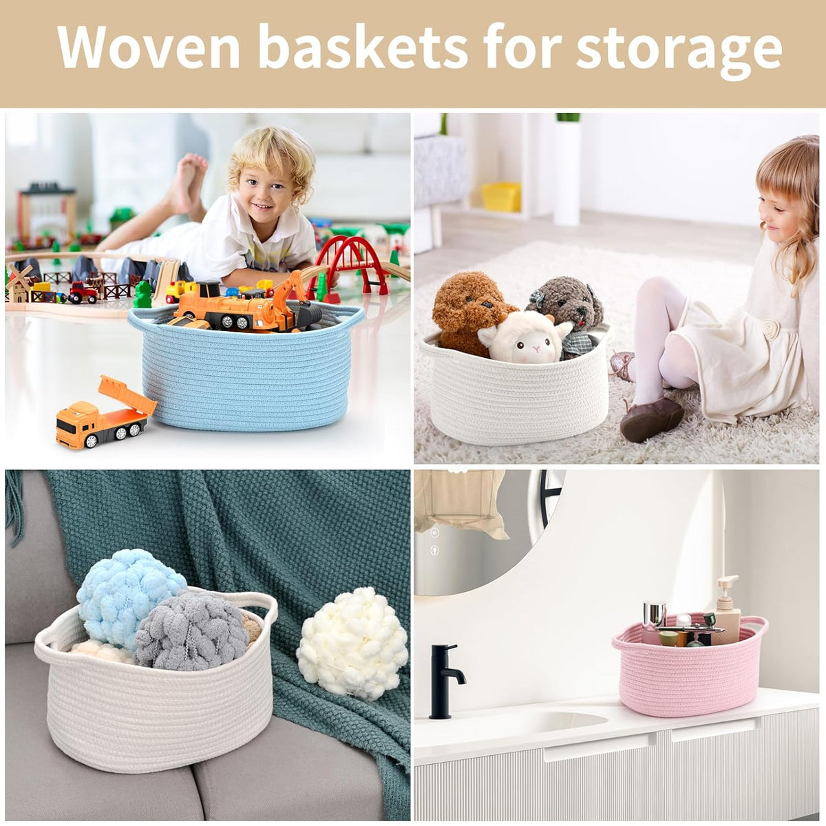 Cute Woven Storage Basket with Handle, Baskets for Gifts Empty, Gift Baskets for Birthday Baby Shower Burr, Decorative Organizer Box for Baby Toy