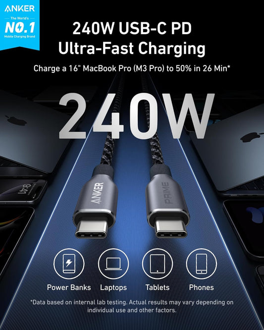 Anker Prime USB C to USB C Cable, 240W Fast Charging Cord, Upcycled-Braided Nylon with 100-Year Bend Durability for iPhone 17 Series, MacBook, Galaxy
