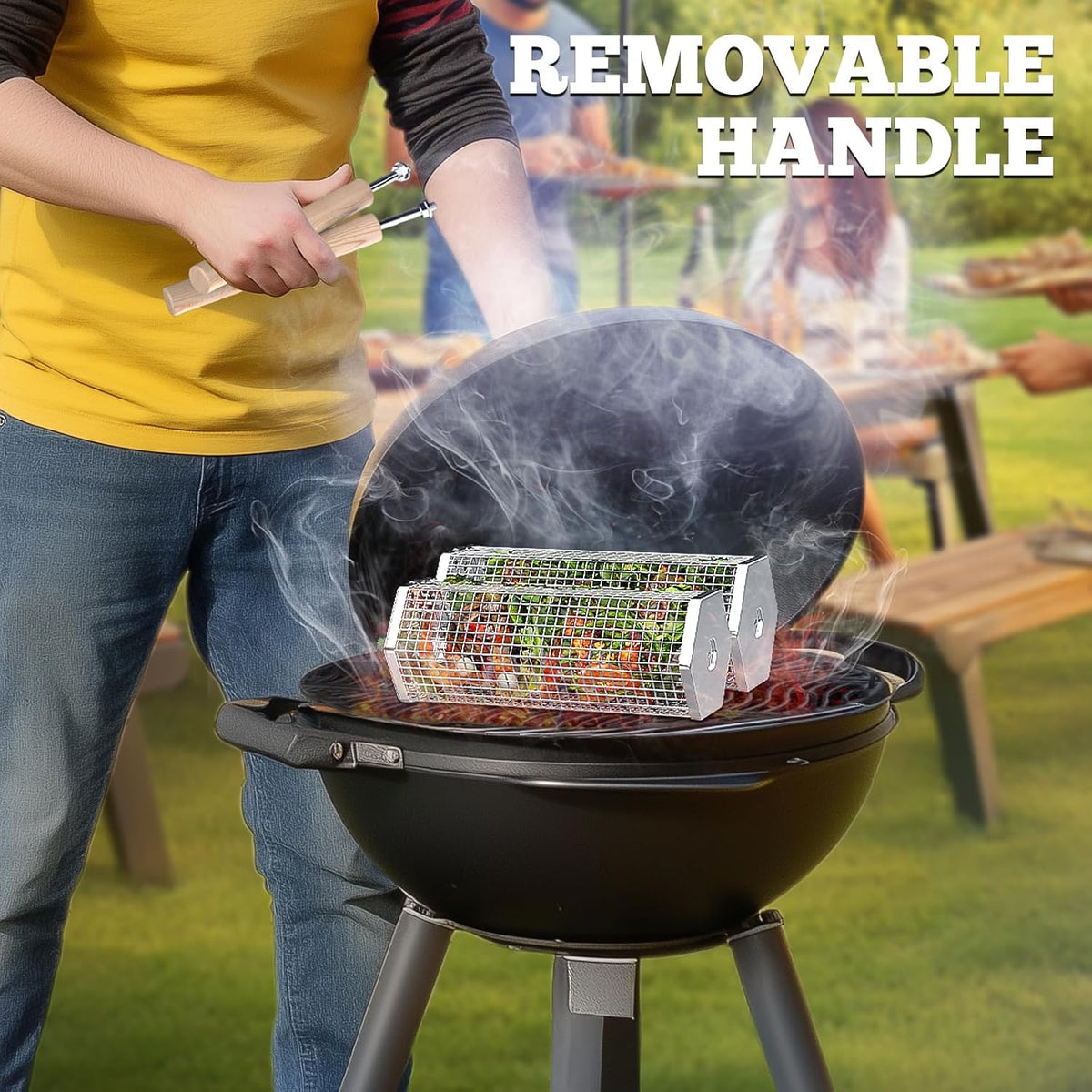 Rolling Grill Basket, Removable Wooden Handle, 304 Stainless Steel, Nesting Grilling Tools, Smoker BBQ Accessories for Vegetable, Outdoor Cooking