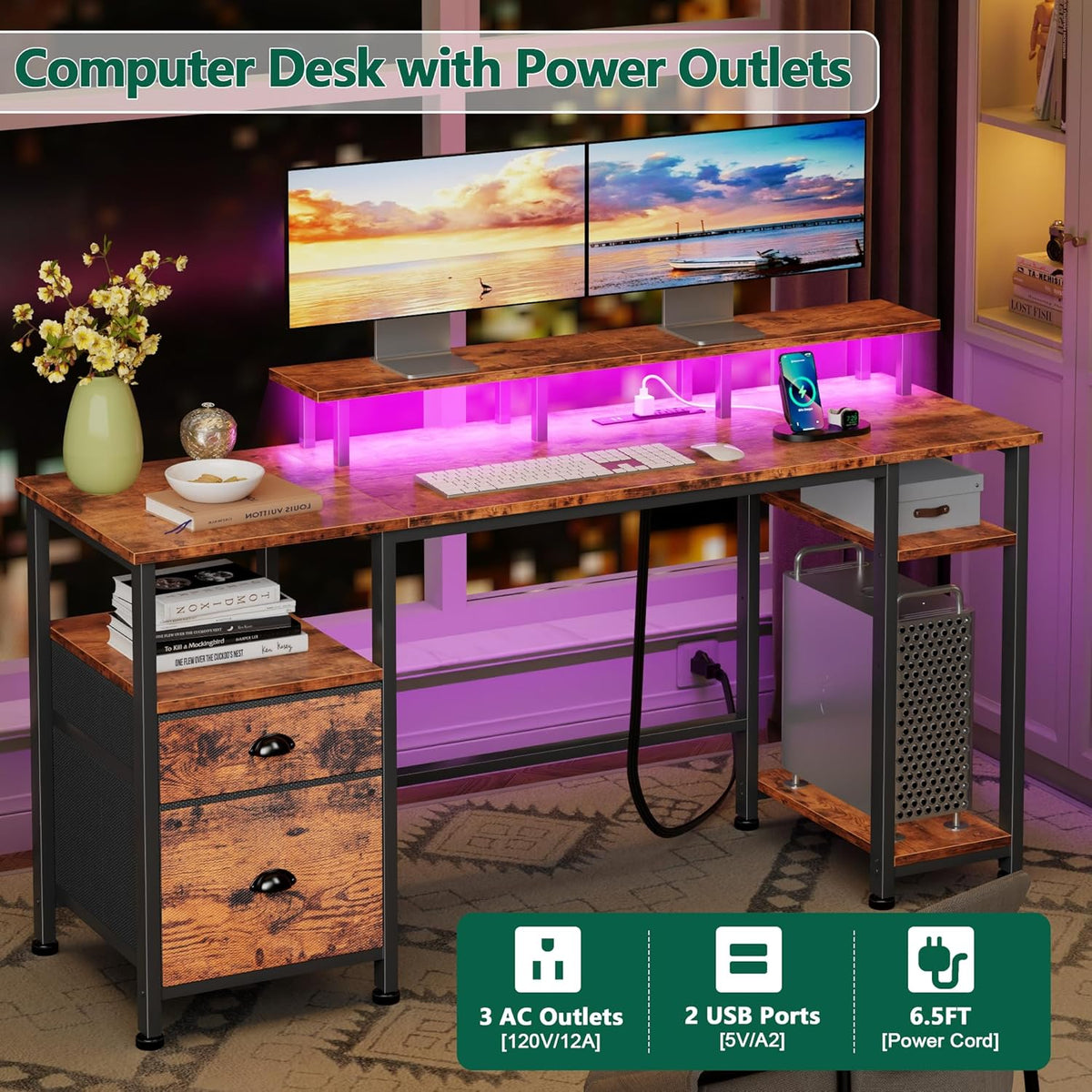 Furologee 61" Computer Desk with Power Outlet & LED Lights, Reversible Gaming Desk with File Cabinet & Monitor Stand for Home Office, Writing Study