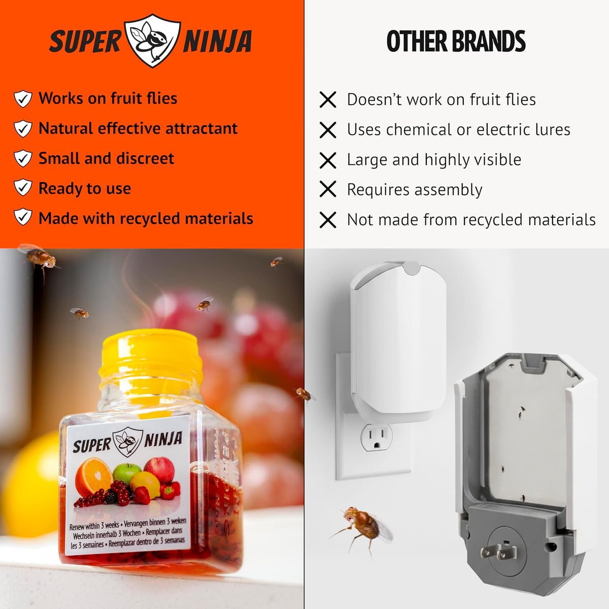 Super Ninja Fruit Fly Traps for Indoors - 4 Pack, Highly Effective Fruit Fly Catcher for Indoor Use for Home & Kitchen, Up to 3 Weeks of Performance