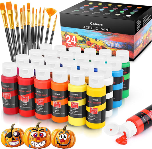 Caliart 24 Colors Acrylic Paint Set with 12 Brushes, Art Craft Paints Gifts Trendy Stuff for Adults Artists, Halloween Pumpkin Canvas Ceramic Rock