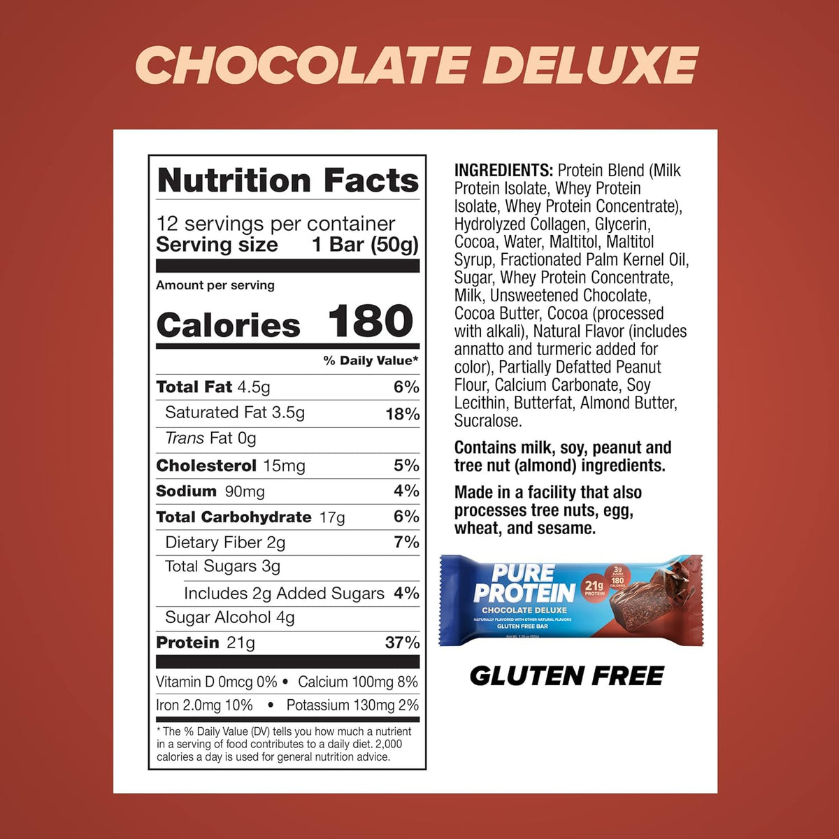 Pure Protein Chocolate Deluxe Protein Bars – 20g Protein, 3g Sugar, 190 Calories (12 count) Low Sugar* High Protein Snack - Gluten Free - Perfect for