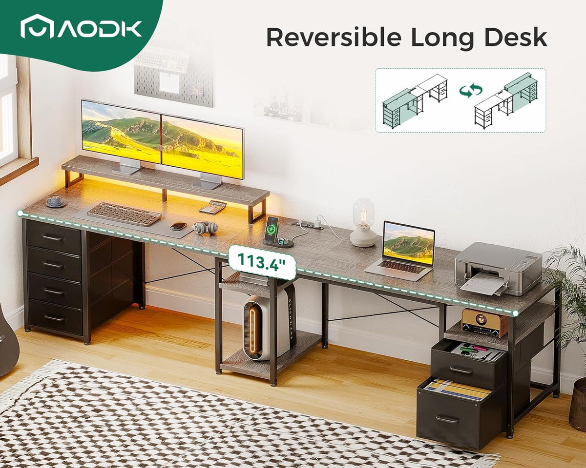 AODK 66" L Shaped Desk, 113" Computer Desk with File Cabinet & 4 Fabric Drawers, Home Office Desk with Monitor Shelf & Power Outlet, Two Person Desk