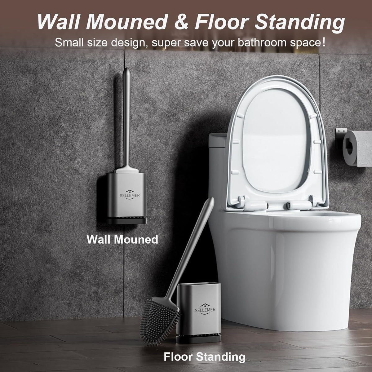 Sellemer Toilet Brush and Holder Set - Flexible Toilet Bowl Brush Head with Silicone Bristles, Compact Size for Storage and Organization, Ventilation