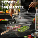 Grill Basket Set, Removable Wooden Handle, 304 Stainless Steel, Rolling BBQ Tools, Smoker Grilling Accessories for Vegetable Fish, Outdoor Cooking