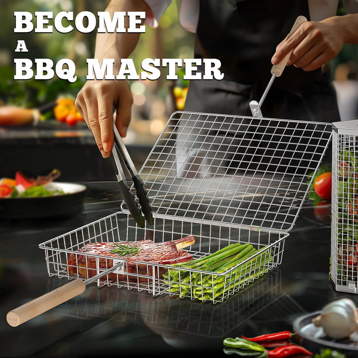 Grill Basket Set, Removable Wooden Handle, 304 Stainless Steel, Rolling BBQ Tools, Smoker Grilling Accessories for Vegetable Fish, Outdoor Cooking