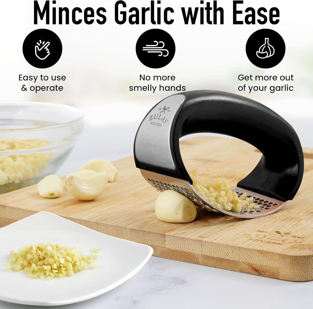 Zulay Kitchen Stainless Steel Garlic Press Rocker Set - Premium Garlic Mincer Garlic Crusher - New Innovative Garlic Crusher with Peeler and Scraper