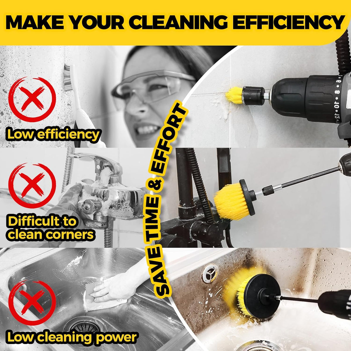 Holikme 6Pack Drill Brush Power Scrubber Cleaning Brush Extended Long Attachment Set All Purpose Drill Scrub Brushes Kit for Grout, Floor, Tub