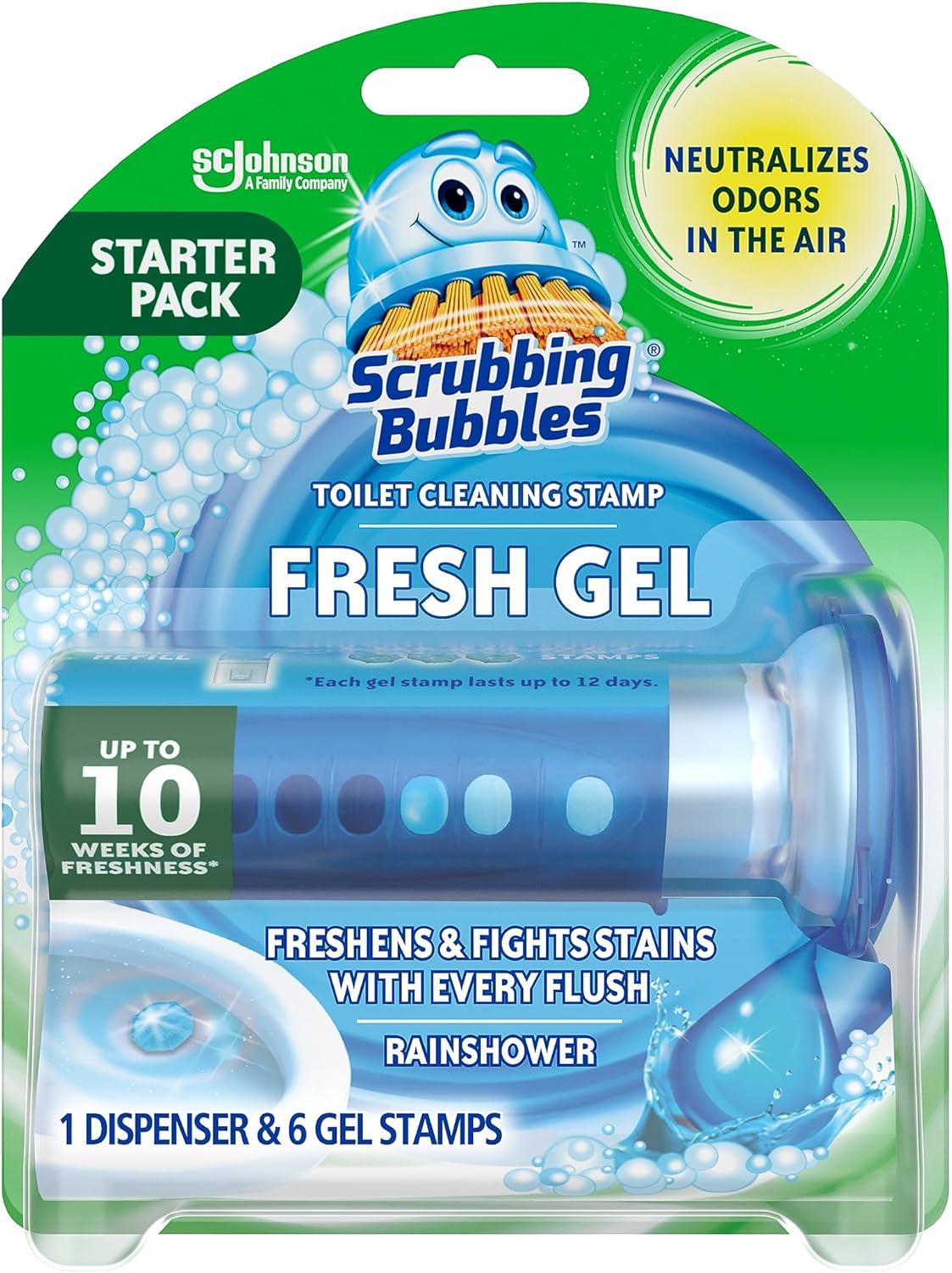 Scrubbing Bubbles Fresh Gel Toilet Bowl Cleaning Stamps, Helps Keep Toilet Clean and Helps Prevent Limescale & Rings, Rainshower Scent, 1 Dispenser