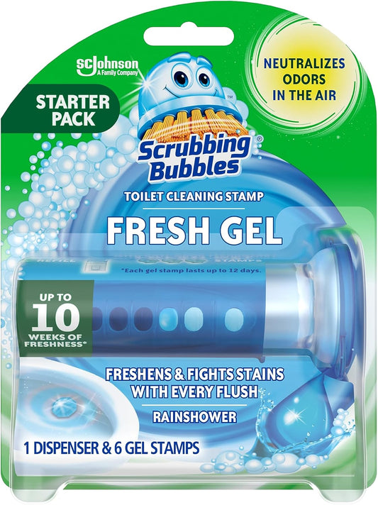 Scrubbing Bubbles Fresh Gel Toilet Bowl Cleaning Stamps, Helps Keep Toilet Clean and Helps Prevent Limescale & Rings, Rainshower Scent, 1 Dispenser