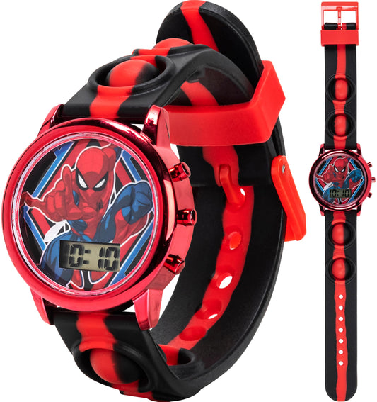 Accutime Marvel Spiderman Kids Digital LCD Wrist-Watch with Red, Green, and Yellow LED Light Show and Popper Strap for Boys, Girls, and Toddlers