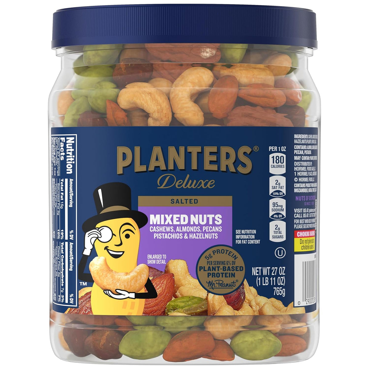 PLANTERS Deluxe Mixed Nuts with Sea Salt, 27 oz Resealable Container - Variety Mixed Nuts Snacks with Cashews, Almonds, Pecans, Pistachios