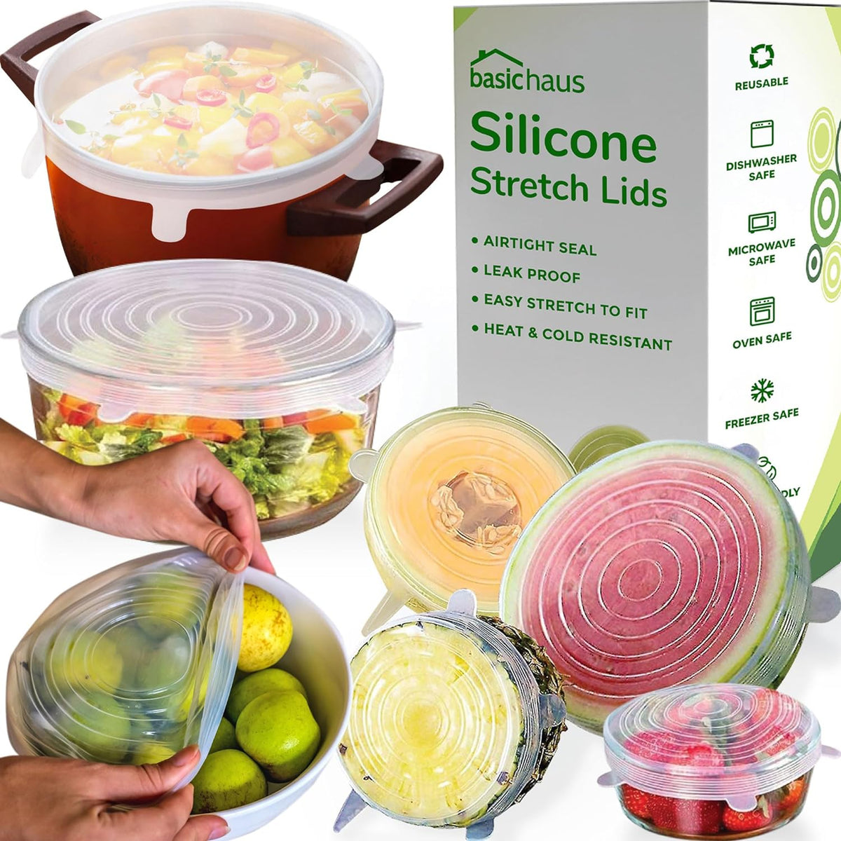 Reusable Silicone Stretch Lids for Food Storage in Fridge - Elastic Heat-Resistant Bowl Covers, Cups, Cans, Jars - Universal Food Grade Lid for Round