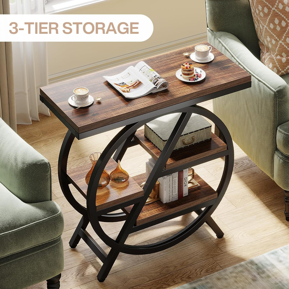 Tribesigns End Table for Living Room, 3-Tier Narrow Side Table with Storage, Wood Sofa Side Table with Geometric Metal Frame, Industrial Nightstand