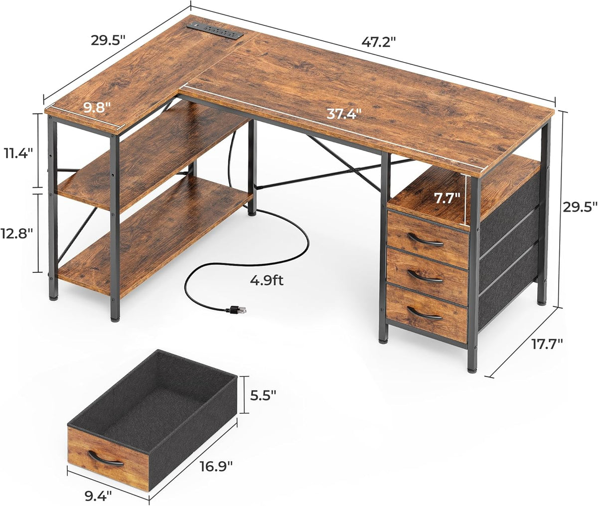 Huuger L Shaped Office Desk with Power Outlets, 47 Inch Computer Desk with 3 Drawers, Shelves, for Gaming, Corner Work, Home Office, Study, Rustic