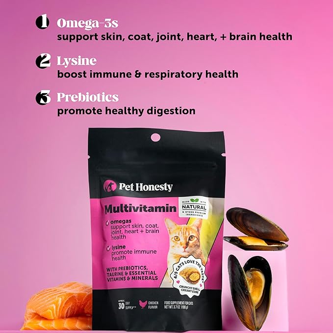 Cat Multivitamin Crunchy & Creamy Chews - Cat Treats for Health + Immune, Joint Support, Skin & Coat, & Digestion - Vitamins with Omega 3s, Lysine