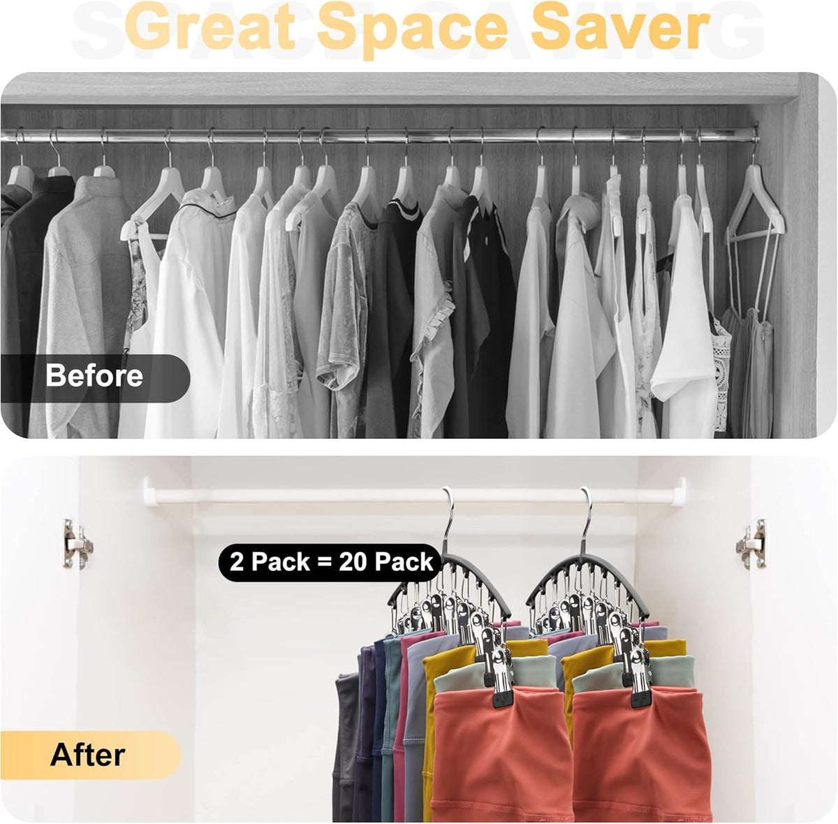 Legging Organizer for Closet, Metal Yoga Pants Hangers 2 Pack w/10 Clips Holds 20 Leggings, Space Saving Hanging Closet Organizer w/Rubber Coated