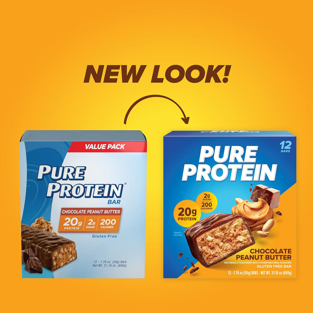 Pure Protein Chocolate Peanut Butter Protein Bars – 20g Protein, 3g Sugar, 190 Calories (12 count) Low Sugar* High Protein Snack - Gluten Free