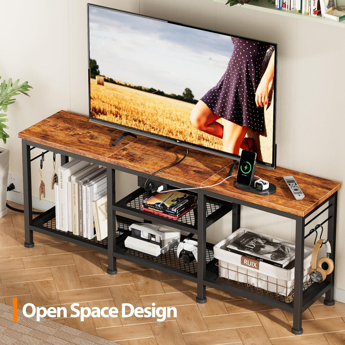Furologee TV Stand with Power Outlets, Entertainment Center with Open Storage Shelves for TVs up to 55 Inch, Media Console Table with Soundbar Shelf