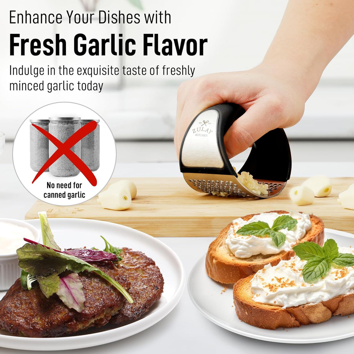 Zulay Kitchen Stainless Steel Garlic Press Rocker Set - Premium Garlic Mincer Garlic Crusher - New Innovative Garlic Crusher with Peeler and Scraper