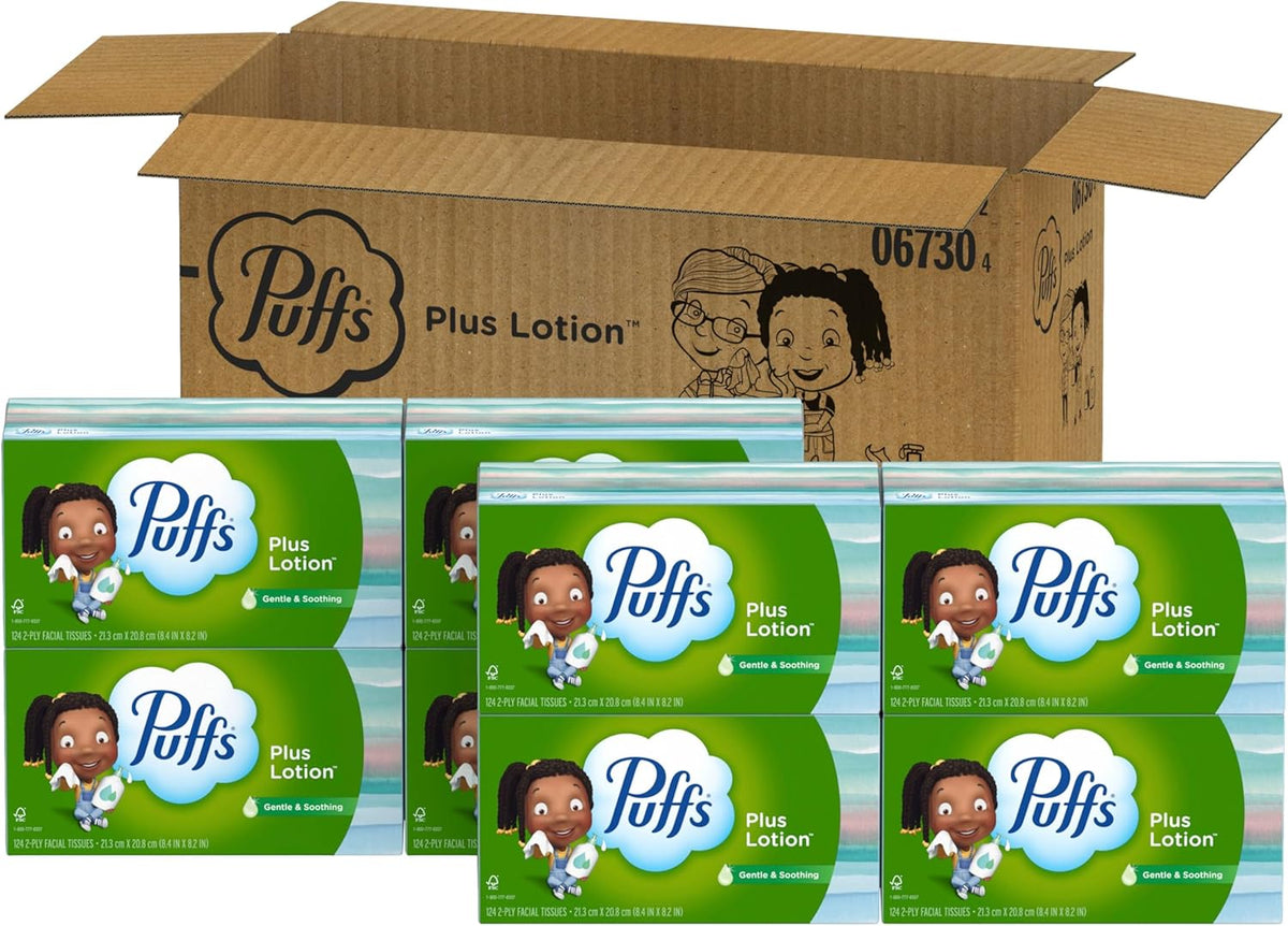 Puffs Plus Lotion Facial Tissues, 8 Family Boxes, 124 Facial Tissues per Box, Allergies and Colds