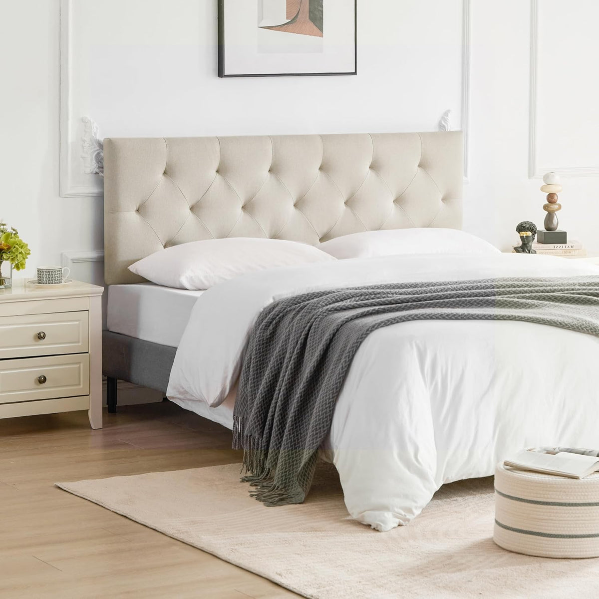 Linen Fabric Upholstered Headboard Queen Size, Modern Diamond Tufting Solid Wood Queen Headboard Only, Adjustable Height from 37” to 51” Head Board