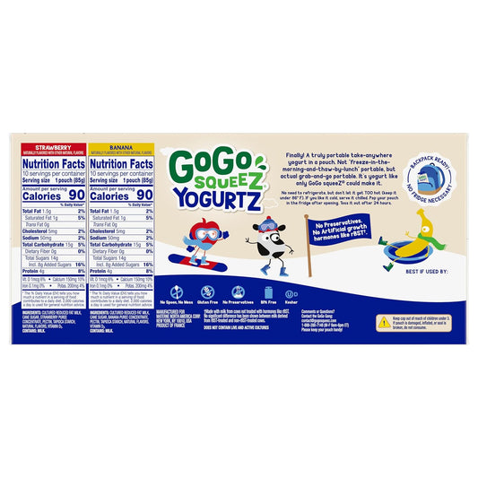 GoGo squeeZ yogurtZ Variety Pack, Strawberry & Banana, 3 oz (Pack of 20), Kids Snacks Made from Real Yogurt and Fruit, No Fridge Needed, Gluten Free