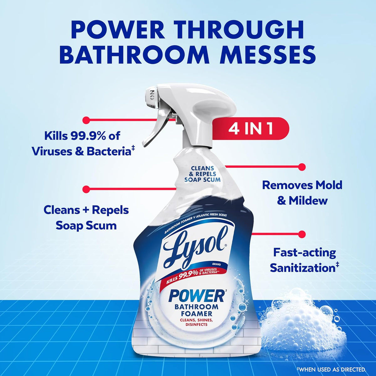 Lysol Power Foaming Bathroom Cleaner, Multipurpose Cleaner For Showers, Bathtubs, Sinks, Disinfectant Spray Kills 99.9% Of Germs, Zero Bleach