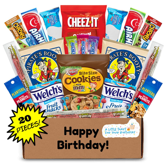 Hangry Kit Birthday Snack Box - (20 CT) Happy Birthday Basket Care Package - Contains Birthday Snacks, Cookies, Chips, Candy. Party Variety Box