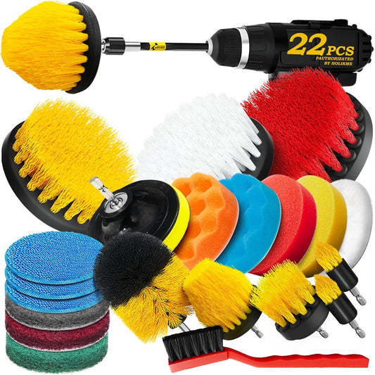 Holikme 22Pack Drill Brush Attachments Set,Scrub Pads & Sponge, Buffing Pads,Power Scrubber Brush,Car Polishing Pad Kit,Wax Applicator Pad,Car