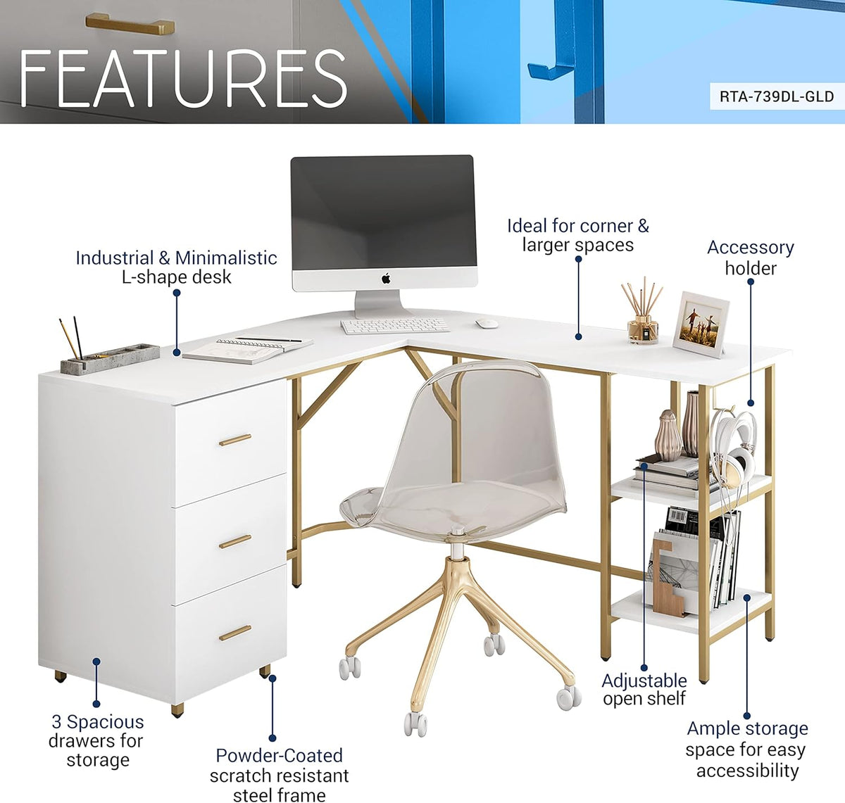 Techni Mobili L Shaped Desk - Two-Toned Computer Desk with Drawers & Storage Shelves - Simple Modern Furniture & Home Office Space Corner Table for