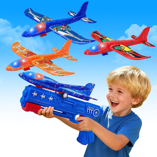 3 Pack Airplane Launcher Toys, 2 Flight Modes LED Foam Glider Catapult Plane, Outdoor Flying Toy for Kids, Birthday Gifts for Boy Girl 6+ Year Old