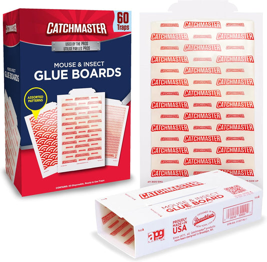 Catchmaster Pro Strength Mouse & Insect Glue Boards 60pk Traps Indoor for Home, Adhesive Bug Catcher, Rat & Rodent Sticky Trap, Non Toxic Bulk