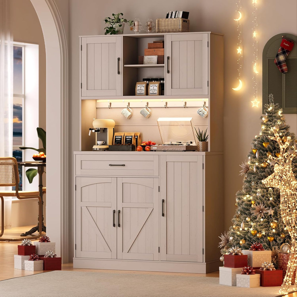 ONBRILL 71" Pantry Cabinet, Kitchen Pantry Storage Cabinet with LED Light & Outlet, Kitchen Hutch with Microwave Shelf & 6 Hooks, Door Shelves
