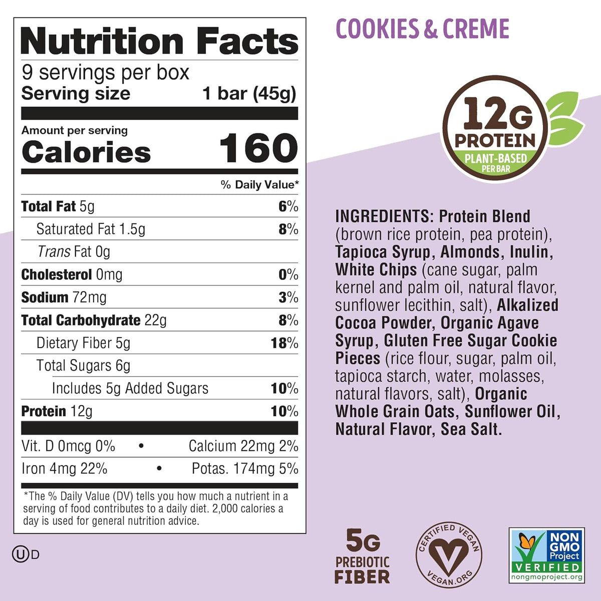 Lenny & Larry's Cookie-fied Protein Bar – Cookies & Creme Vegan Protein Bars 9x45g – Healthy Snacks with 12g Plant Protein & 5g Fiber – Gluten free