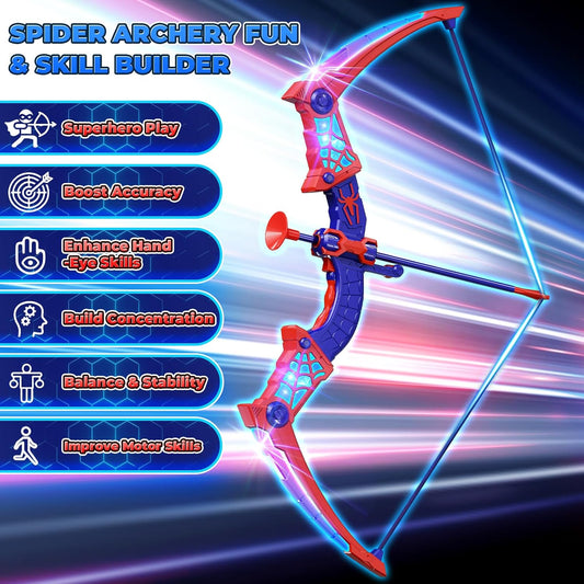 Spider Toys for Boys Age 3-4 4-6 6-8 8-12, Kids Toy BowArrow Shooting Set with Red & Blue LED Lights, Spider Quiver & Web Target, 8 Suction Cup