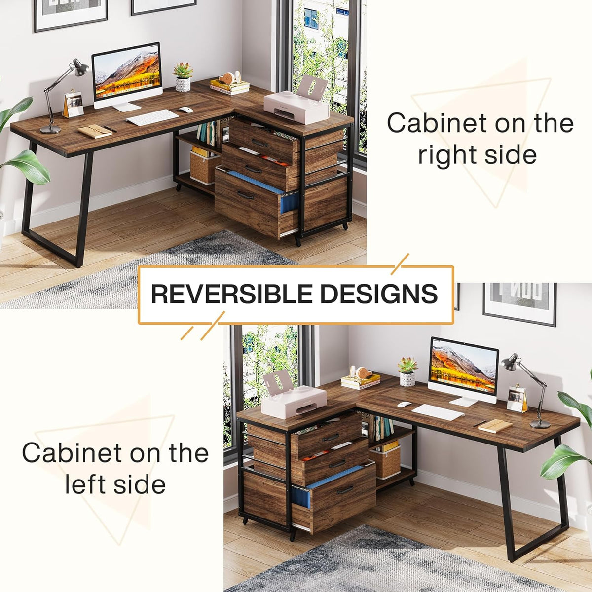 Tribesigns L-Shaped Computer Desk with 3 Drawers, Reversible Corner Home Office Desk with Shelves, 53-Inch Industrial PC Desk Study Writing Table