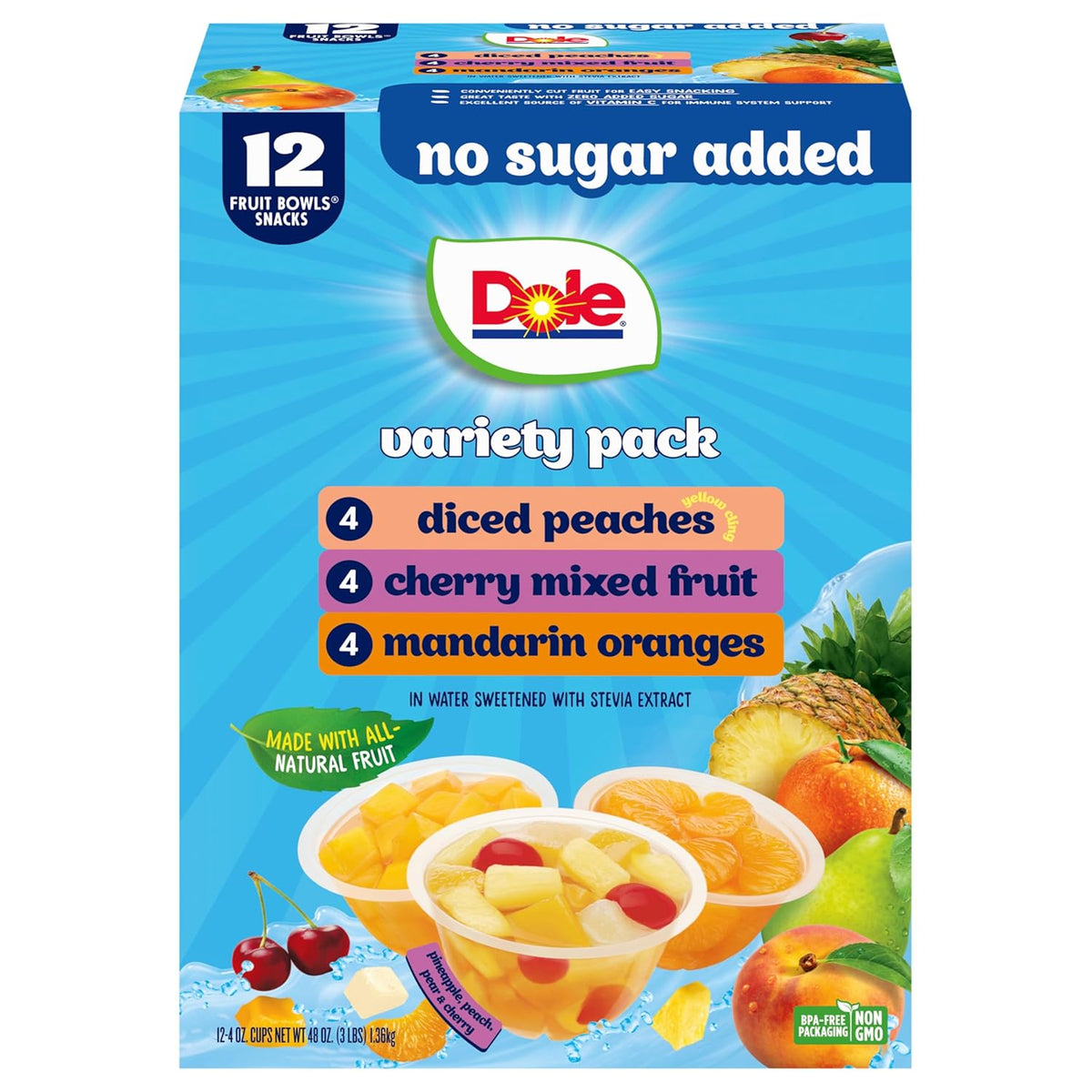 Dole Diced Peaches, Mandarin Oranges, and Cherry Mixed Fruit with No Sugar Added Variety Pack - Dole Fruit Bowls Snacks - 4 oz Bowls - 12 Pack